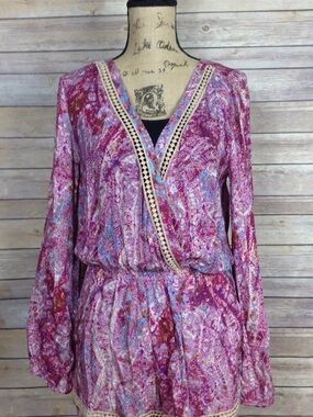 Jessica Simpson Narina Pink Purple Printed Long Sleeve Romper